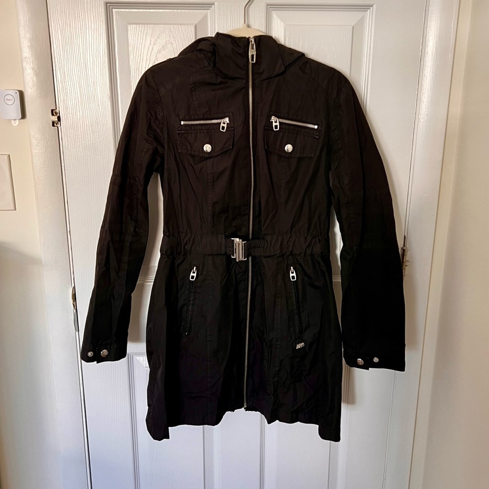 Miss Sixty Black Zip Front Belted Removable Hood Trench Rain Coat Size M